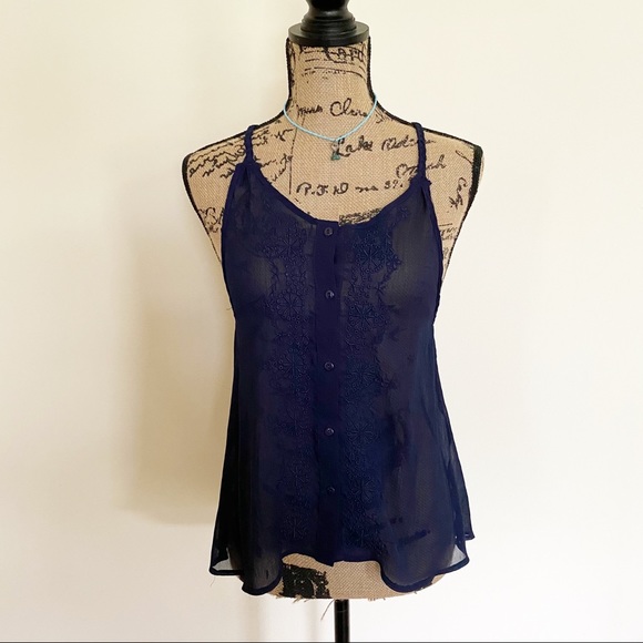 Tobi Sheer Chiffon Cami Embroidered Twist Navy Top - Picture 3 of 5